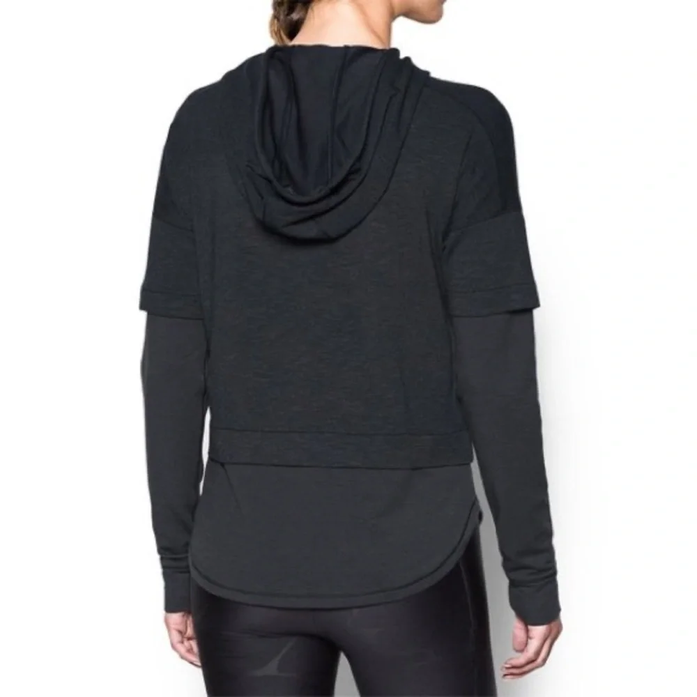 Under Armour Black Featherweight Fleece Layered Hoodie, Sz. M - Picture 2 of 4